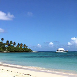 Caribbean Holidays, Saint Vincent Diving, A small dive boat approaching a calm tropical island with palm-fringed beaches in the Grenadines