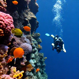 Caribbean Holidays, Saint Vincent Diving, Divers swimming beside a steep volcanic underwater wall with colourful sponges and tropical fish off Saint Vincent