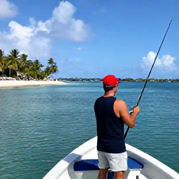 Caribbean Holidays, Saint Vincent Fishing, Friendly local fishing guide preparing rods on a small boat in a Caribbean harbour, with calm sea and palm-lined shore