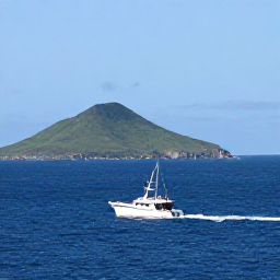 Caribbean Holidays, Saint Vincent Fishing, Sport fishing boat cutting across deep blue Caribbean water with Saint Vincent's green volcanic coastline in the distance