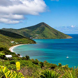 Caribbean Holidays, Saint Vincent Holidays, A panoramic coastal view of Saint Vincent and the Grenadines, showing lush green hills, turquoise sea and a small sailing boat