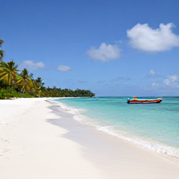Caribbean Holidays, Saint Vincent Holidays, A peaceful white-sand beach on Bequia with clear turquoise water, palm trees and colourful Caribbean boats