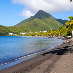 Caribbean Holidays, Saint Vincent Holidays, Black sand beach on Saint Vincent with green hills, calm blue water and travellers relaxing beneath palm trees