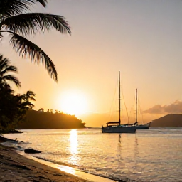 Caribbean Holidays, Saint Vincent Holidays, Sunset over a quiet Grenadine island harbour with sailing boats, warm golden light and palm-fringed shore