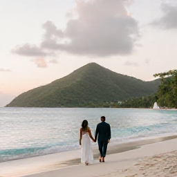 Caribbean Holidays, Saint Vincent Honeymoons, A newlywed couple walking hand in hand along a quiet white-sand beach on Saint Vincent at sunset, calm turquoise sea and lush green hills