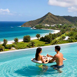 Caribbean Holidays, Saint Vincent Honeymoons, Couple enjoying a private breakfast beside an infinity pool overlooking the Caribbean Sea and green tropical coastline
