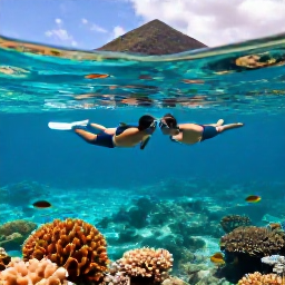 Caribbean Holidays, Saint Vincent Honeymoons, Couple snorkelling in clear shallow water above colourful coral and tropical fish near a Caribbean island
