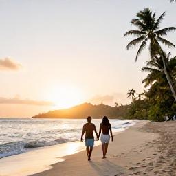 Caribbean Holidays, Saint Vincent Honeymoons, Couple walking hand in hand along a quiet tropical beach on Saint Vincent at sunset
