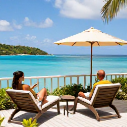 Caribbean Holidays, Saint Vincent Honeymoons, Elegant beachfront honeymoon accommodation with a couple relaxing on a private terrace overlooking turquoise Caribbean water