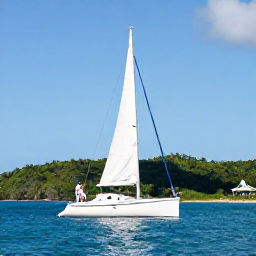 Caribbean Holidays, Saint Vincent Honeymoons, Newlywed couple sailing between green Caribbean islands on a small yacht under a bright blue sky