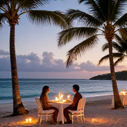 Caribbean Holidays, Saint Vincent Honeymoons, Romantic candlelit dinner for two beside a Caribbean beach with palm trees and softly lit tables