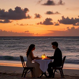 Caribbean Holidays, Saint Vincent Honeymoons, Romantic dinner for two on a small Caribbean beach, candlelit table, gentle waves and sunset sky