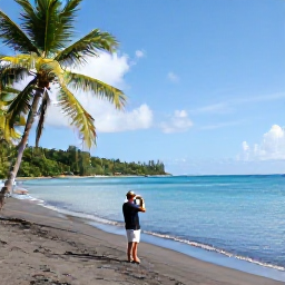 Caribbean Holidays, Saint Vincent Instagram, Black sand beach at Buccament Bay with palm trees, calm turquoise water and a traveller taking photographs