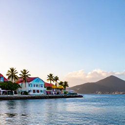 Caribbean Holidays, Saint Vincent Instagram, Bright Caribbean sunrise over Kingstown harbour in Saint Vincent, with colourful buildings, palm trees and calm blue water