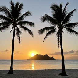 Caribbean Holidays, Saint Vincent Instagram, Golden sunset over a quiet Caribbean beach on Union Island, with silhouetted palm trees, calm sea and distant Grenadine islands