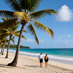 Caribbean Holidays, Saint Vincent January, A couple walking along a quiet Saint Vincent beach in warm January sunshine with palm trees and turquoise sea