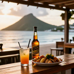 Caribbean Holidays, Saint Vincent January, A friendly Caribbean beach bar at sunset on Saint Vincent with local food, rum drinks and distant green hills
