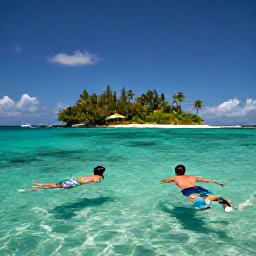 Caribbean Holidays, Saint Vincent Luxury, A couple snorkelling in clear Caribbean water beside a small tropical island in Saint Vincent and the Grenadines