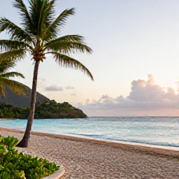 Caribbean Holidays, Saint Vincent Luxury, A luxurious beachfront resort on Saint Vincent with palm trees, calm turquoise sea and soft morning light