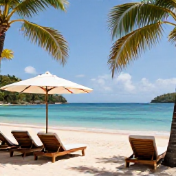 Caribbean Holidays, Saint Vincent Luxury, A luxury beachfront resort on Saint Vincent with calm turquoise water, palm trees and elegant sun loungers in July sunshine