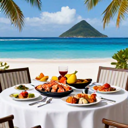 Caribbean Holidays, Saint Vincent Luxury, A stylish Caribbean dinner table at a luxury resort in Saint Vincent, with fresh seafood, tropical fruit and ocean views