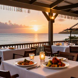 Caribbean Holidays, Saint Vincent Luxury, A stylish Caribbean restaurant at sunset serving fresh seafood and local dishes beside the sea on Saint Vincent