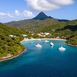 Caribbean Holidays, Saint Vincent Luxury, Aerial view of Saint Vincent and the Grenadines, showing lush green hills, turquoise sea and elegant yachts in a sheltered bay
