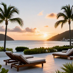 Caribbean Holidays, Saint Vincent Luxury, An elegant hotel terrace overlooking a tropical bay in Saint Vincent, with comfortable loungers and a sunset sky