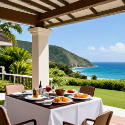 Caribbean Holidays, Saint Vincent Luxury, An elegant private villa terrace overlooking the Caribbean Sea and green hills of Saint Vincent, with breakfast served outdoors