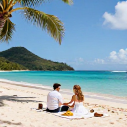 Caribbean Holidays, Saint Vincent Luxury, Couple enjoying a peaceful luxury beach picnic on a quiet Grenadine island, with turquoise water and palm trees