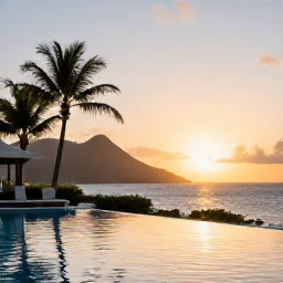 Caribbean Holidays, Saint Vincent Luxury, Elegant beachfront resort in Saint Vincent with an infinity pool, palm trees and a calm Caribbean sunset