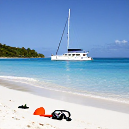 Caribbean Holidays, Saint Vincent Luxury, Luxury catamaran anchored beside a deserted white sand beach in the Grenadines, with snorkelling gear and calm turquoise water