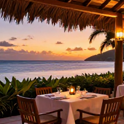 Caribbean Holidays, Saint Vincent Luxury, Sunset dinner at an elegant seaside restaurant in the Grenadines, with lanterns, tropical foliage and a calm ocean view