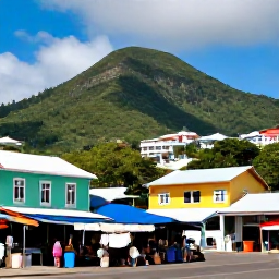 Caribbean Holidays, Saint Vincent May, Bright May morning in Kingstown, Saint Vincent, with colourful buildings, local market stalls and lush green hills