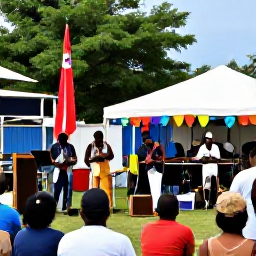 Caribbean Holidays, Saint Vincent May, Local musicians performing outdoors in Kingstown, Saint Vincent, with colourful cultural decorations and an appreciative crowd
