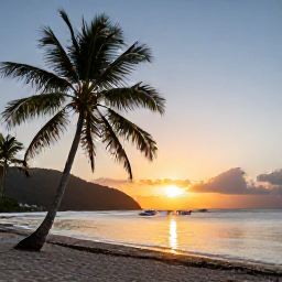 Caribbean Holidays, Saint Vincent May, Sunset over a quiet Caribbean beach in Saint Vincent and the Grenadines, with palm trees and small boats offshore