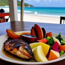 Caribbean Holidays, Saint Vincent May, Traditional Vincentian food served at a relaxed seaside restaurant, including grilled fish, roast breadfruit and fresh tropical salad