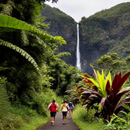 Caribbean Holidays, Saint Vincent May, Visitors walking through a lush rainforest trail towards a waterfall on Saint Vincent, with tropical plants and volcanic hills