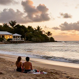 Caribbean Holidays, Saint Vincent November, A couple relaxing on a quiet Caribbean beach in Saint Vincent at sunset, with gentle waves and a comfortable resort nearby