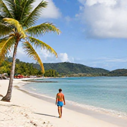 Caribbean Holidays, Saint Vincent Solo, A solo traveller walking along a quiet Caribbean beach on Saint Vincent, with palm trees, calm turquoise water and green hills in the distance