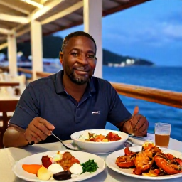 Caribbean Holidays, Saint Vincent Solo, A welcoming solo traveller dining at a small Caribbean restaurant in the evening, with fresh seafood, local dishes and warm island lighting