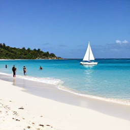 Caribbean Holidays, Saint Vincent Tours, A peaceful white-sand beach on a Grenadine island with snorkellers, a small sailing boat and turquoise water