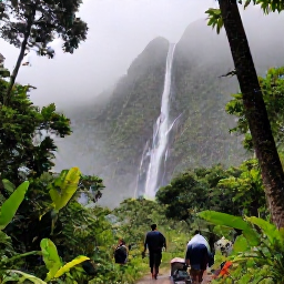 Caribbean Holidays, Saint Vincent Tours, Visitors hiking through lush tropical rainforest on Saint Vincent towards a misty mountain waterfall