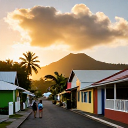 Caribbean Holidays, Saint Vincent Walking, A friendly Caribbean village street at sunset on Saint Vincent and the Grenadines, with walkers, colourful buildings and palm trees