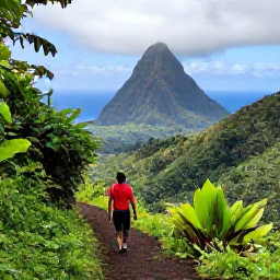 Caribbean Holidays, Saint Vincent Walking, A lush mountain trail through tropical rainforest on Saint Vincent, with volcanic peaks and glimpses of the Caribbean Sea