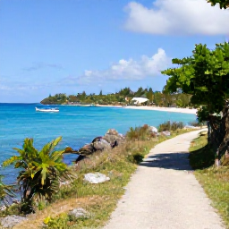 Caribbean Holidays, Saint Vincent Walking, A peaceful coastal path on Bequia in the Grenadines with turquoise water, small boats and a quiet tropical beach