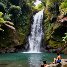 Caribbean Holidays, Saint Vincent Walking, A peaceful woodland waterfall on Saint Vincent, with walkers resting beside clear water and tropical plants