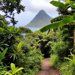 Caribbean Holidays, Saint Vincent Walking, A scenic rainforest trail on Saint Vincent with lush greenery, tropical mountains and a distant view of the Caribbean Sea