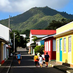 Caribbean Holidays, Saint Vincent Walking, Friendly Caribbean village street on Saint Vincent with walkers, colourful houses and tropical hills in the background
