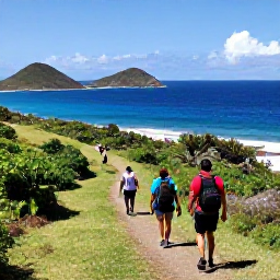 Caribbean Holidays, Saint Vincent Walking, Hikers following a green coastal trail on Saint Vincent, with the Caribbean Sea and nearby islands in the distance